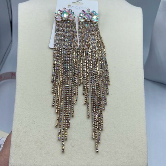 NEW Encour 8” AB rainbow fringe earrings. Special event glam. - Picture 3 of 9